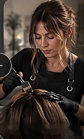 Anna stende il colore col pennello sui capelli di una cliente