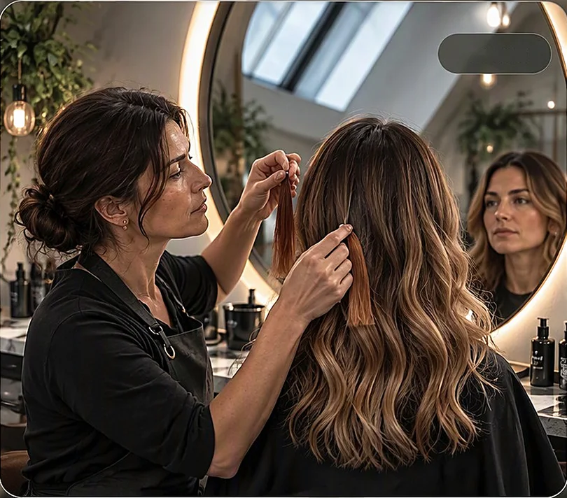 Giulia prende una ciocca di prova accanto ai capelli di una cliente seduta davanti allo specchio rotondo