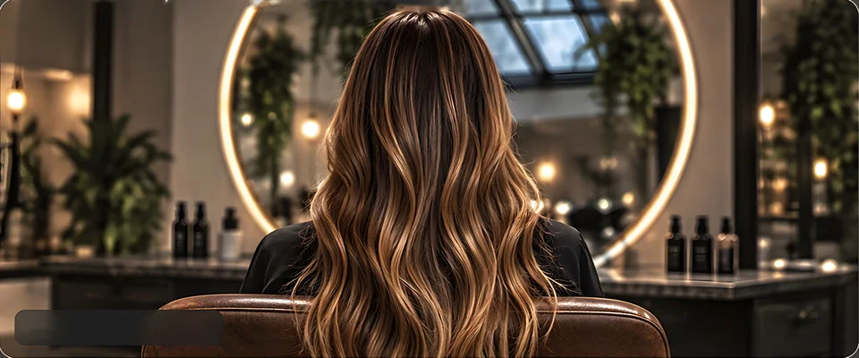 Balayage caramello: capelli lunghi mossi visti da dietro, davanti allo specchio rotondo