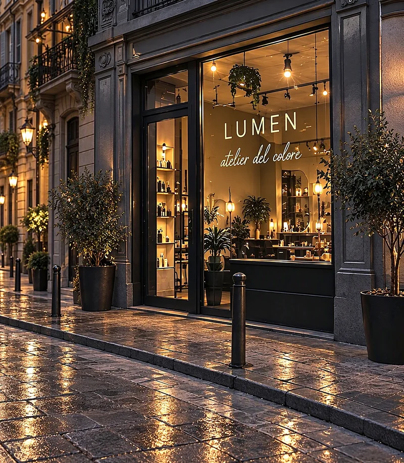 La vetrina di Lumen di sera, con la scritta «Lumen, atelier del colore» sul vetro